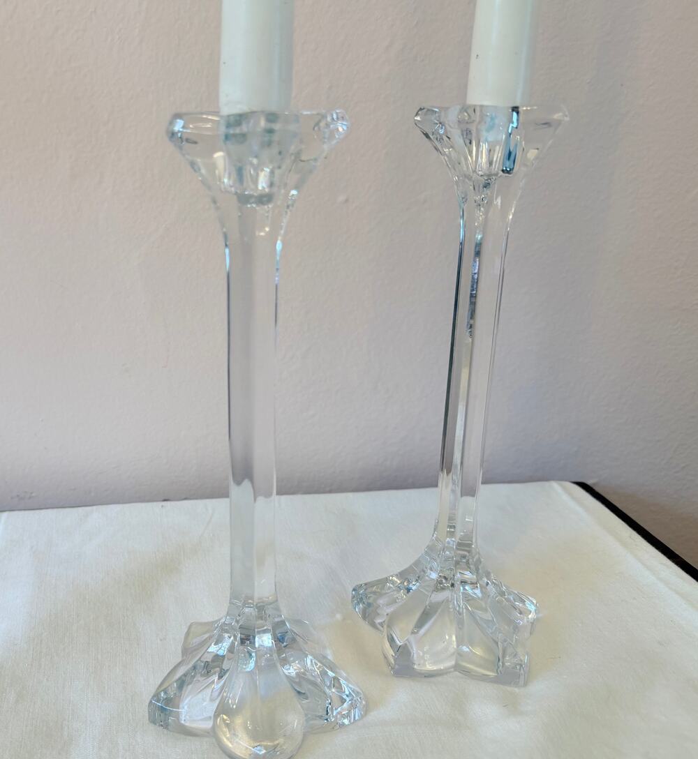 Mikasa Crystal Candle Holders Pair Vintage Clear Sunburst Base Tall Tapers 9"